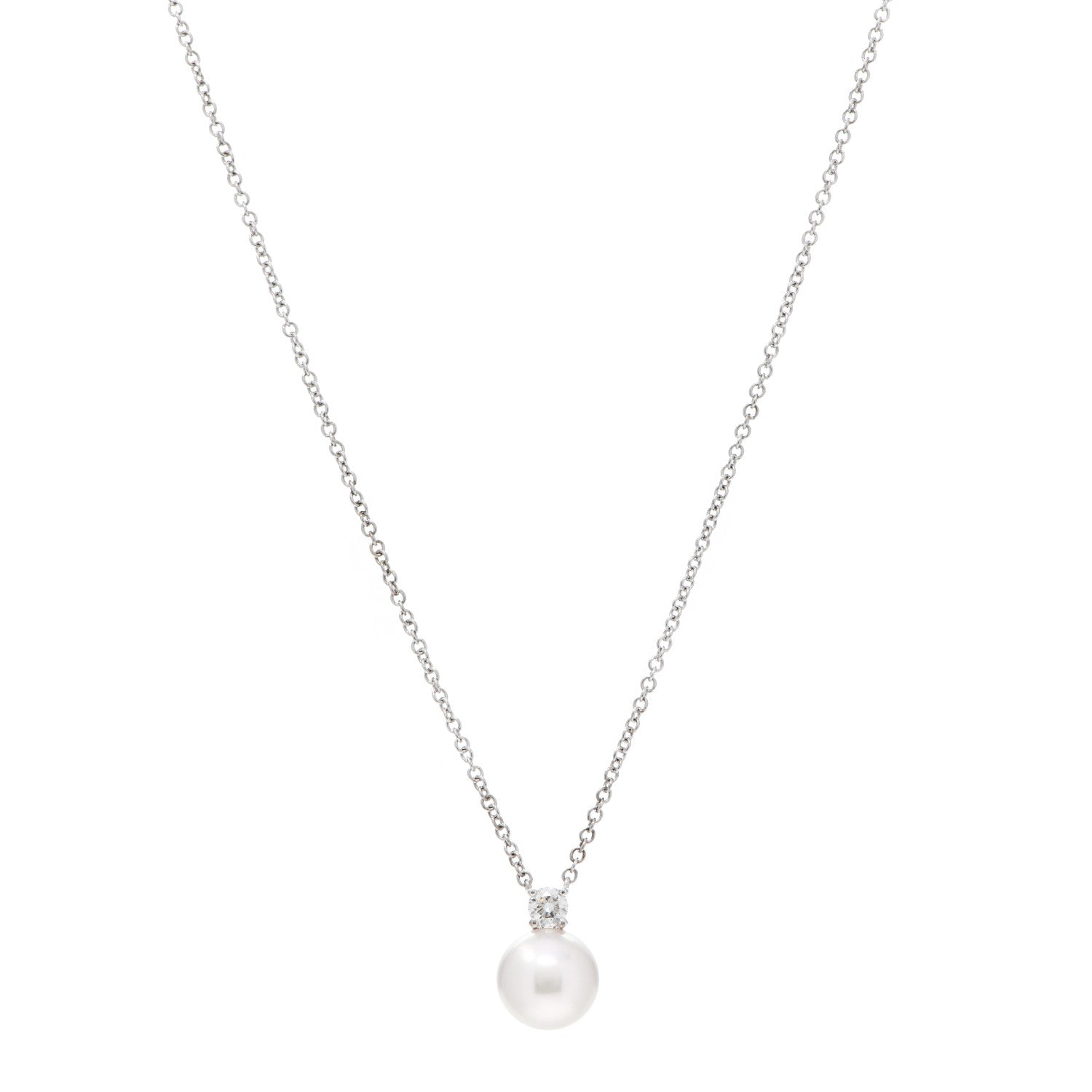 Tiffany 18K White Gold Diamond Akoya Pearl 7.5mm Signature Pendant Necklace 1 of 6