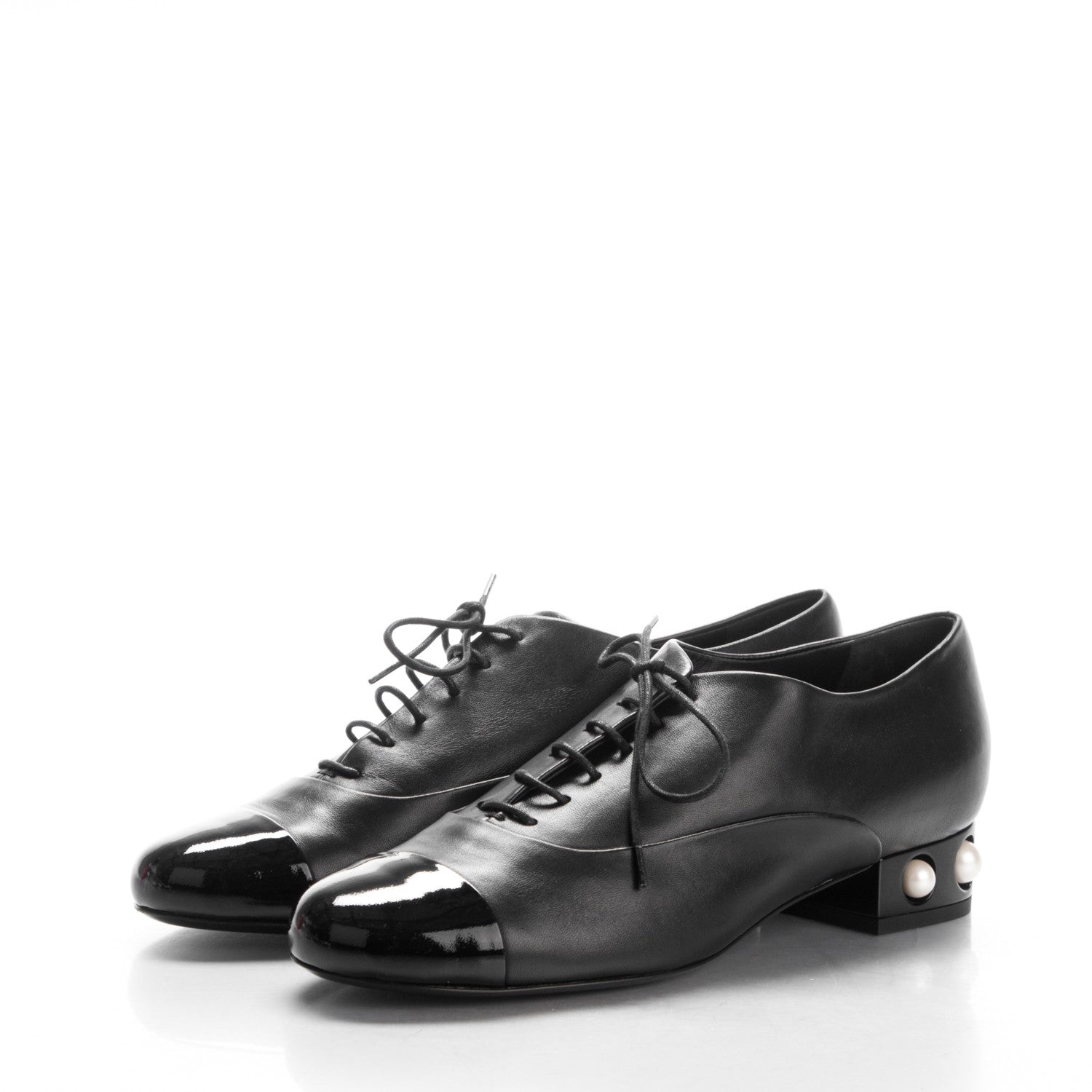 Chanel Lambskin Patent Pearl CC Lace Up Oxfords 39.5 Black 2 of 7