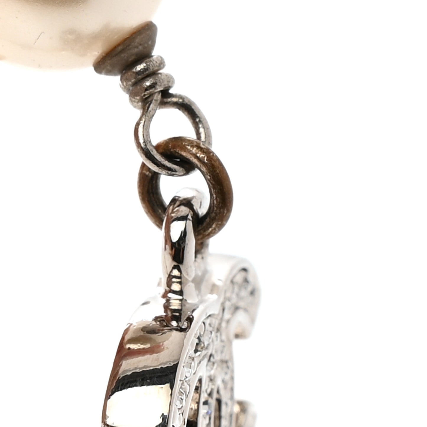 Crystal Pearl CC Long Necklace Silver Pearly White