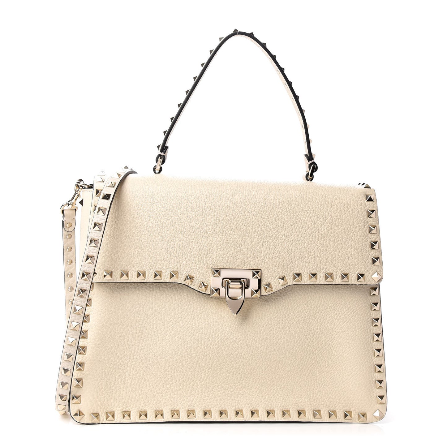 Grained Calfskin Rockstud Top Handle Flap Shoulder Bag Light Ivory