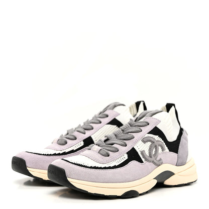 Chanel Mesh Suede Fabric Womens CC Sneakers 39 White Black Purple Dark Purple 3 of 9