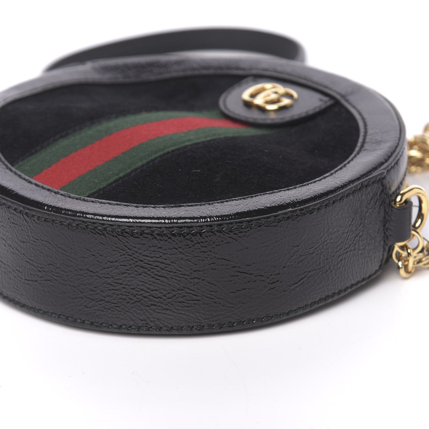 Suede Patent Web Mini Ophidia Round Shoulder Bag Black