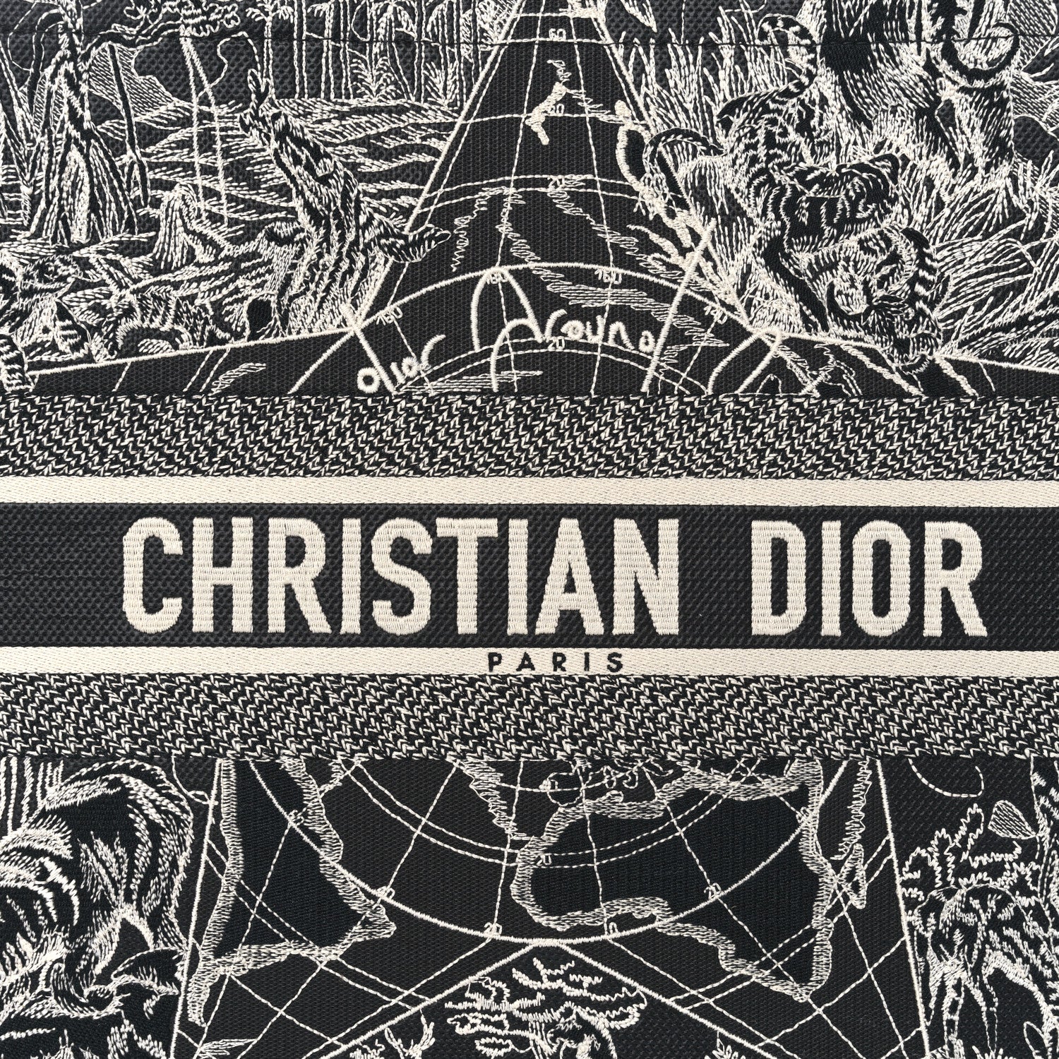 Christian Dior Canvas Embroidered Large Around The World Book Tote Black White 8 of 11
