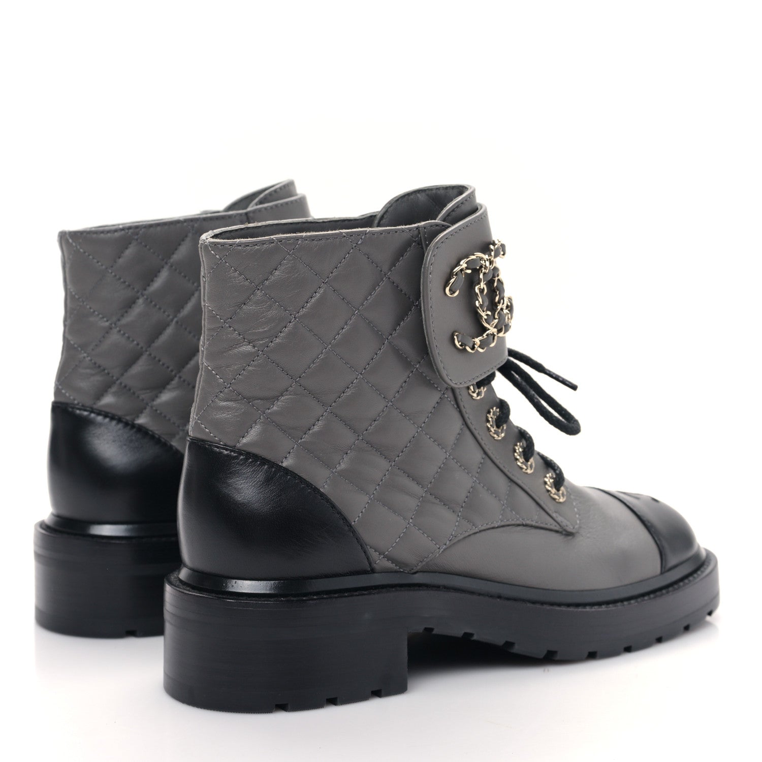 Chanel Shiny Lambskin Quilted Lace Up Combat Boots 38 Grey Black 4 of 9