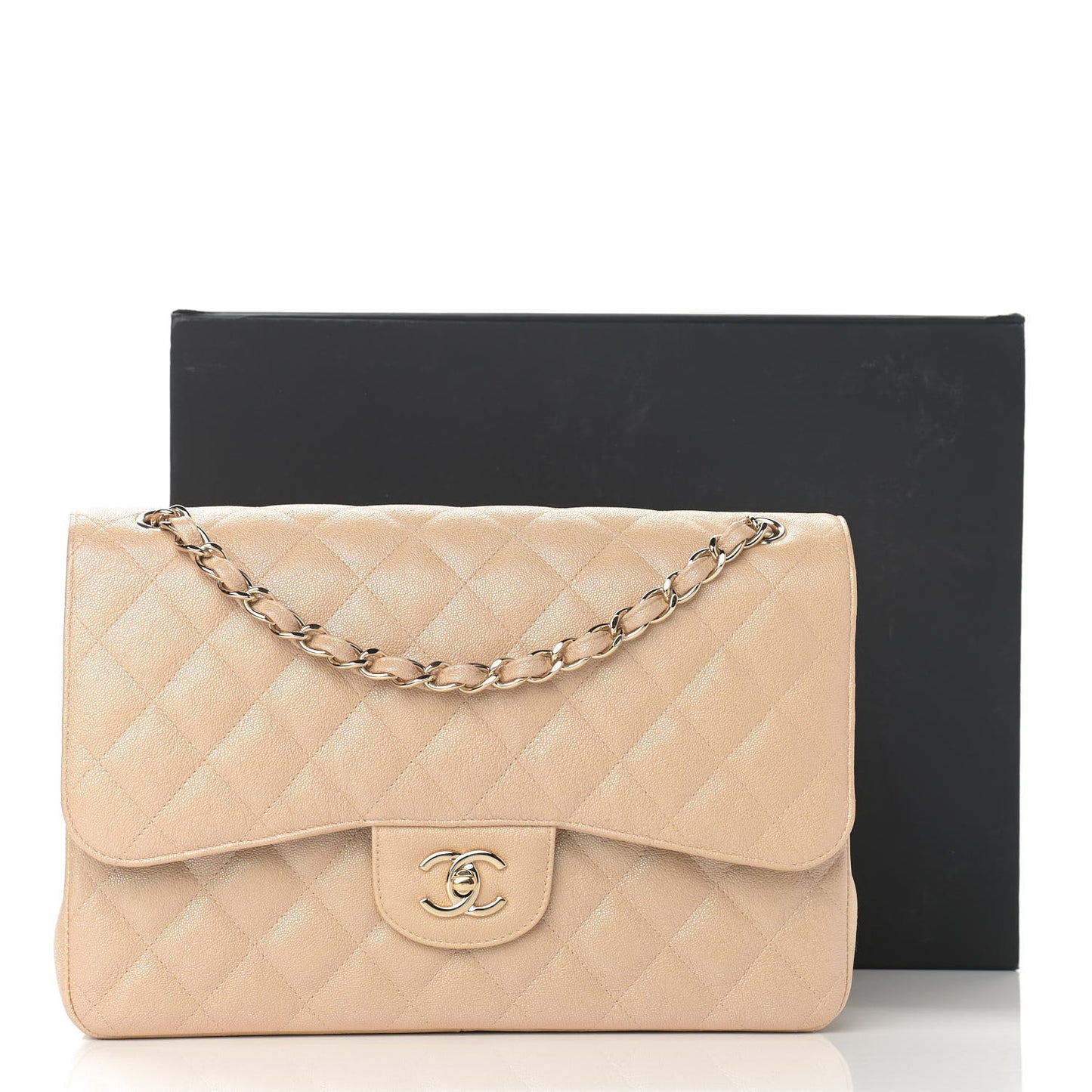 Iridescent Caviar Quilted Jumbo Double Flap Beige