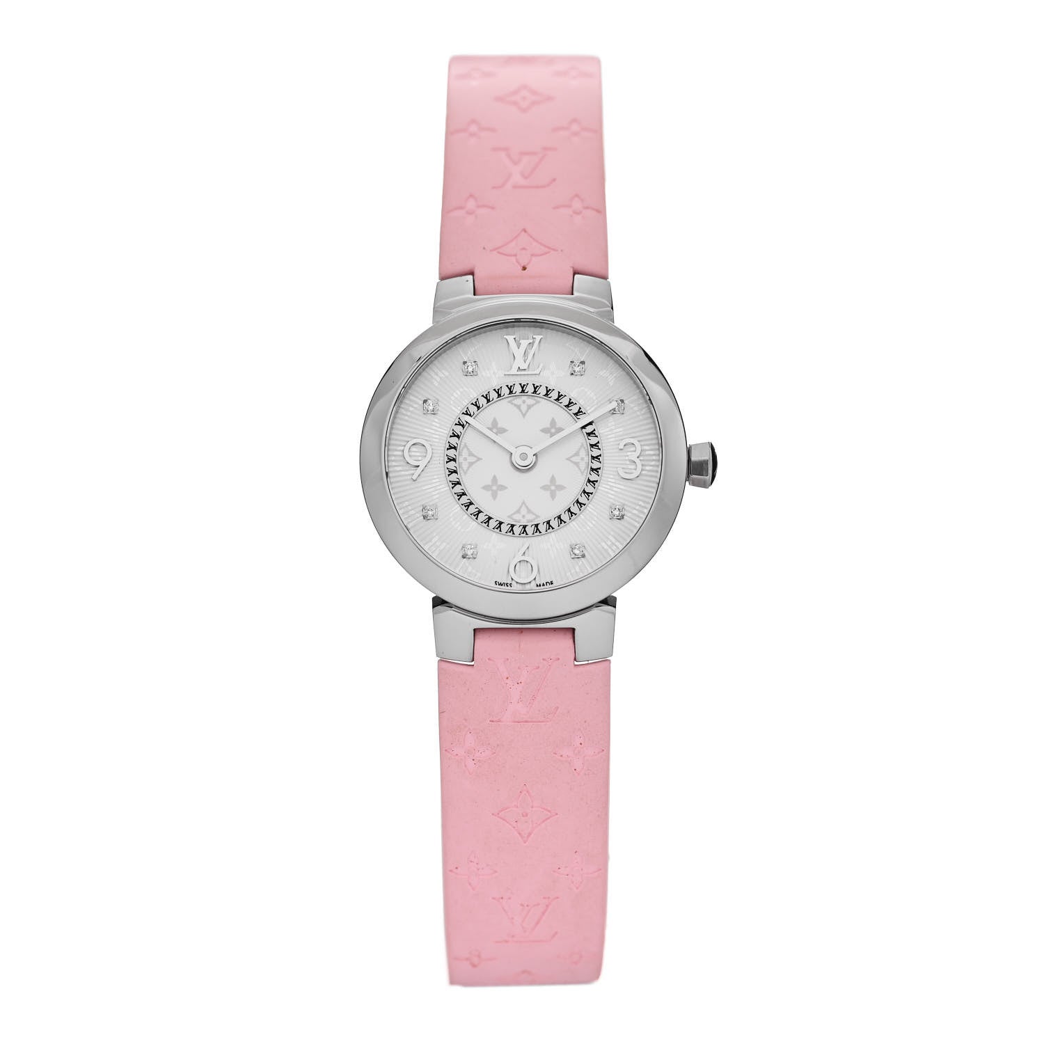 Louis Vuitton Stainless Steel Rubber Diamond 28mm Tambour Slim Quartz Watch Pink 1 of 5