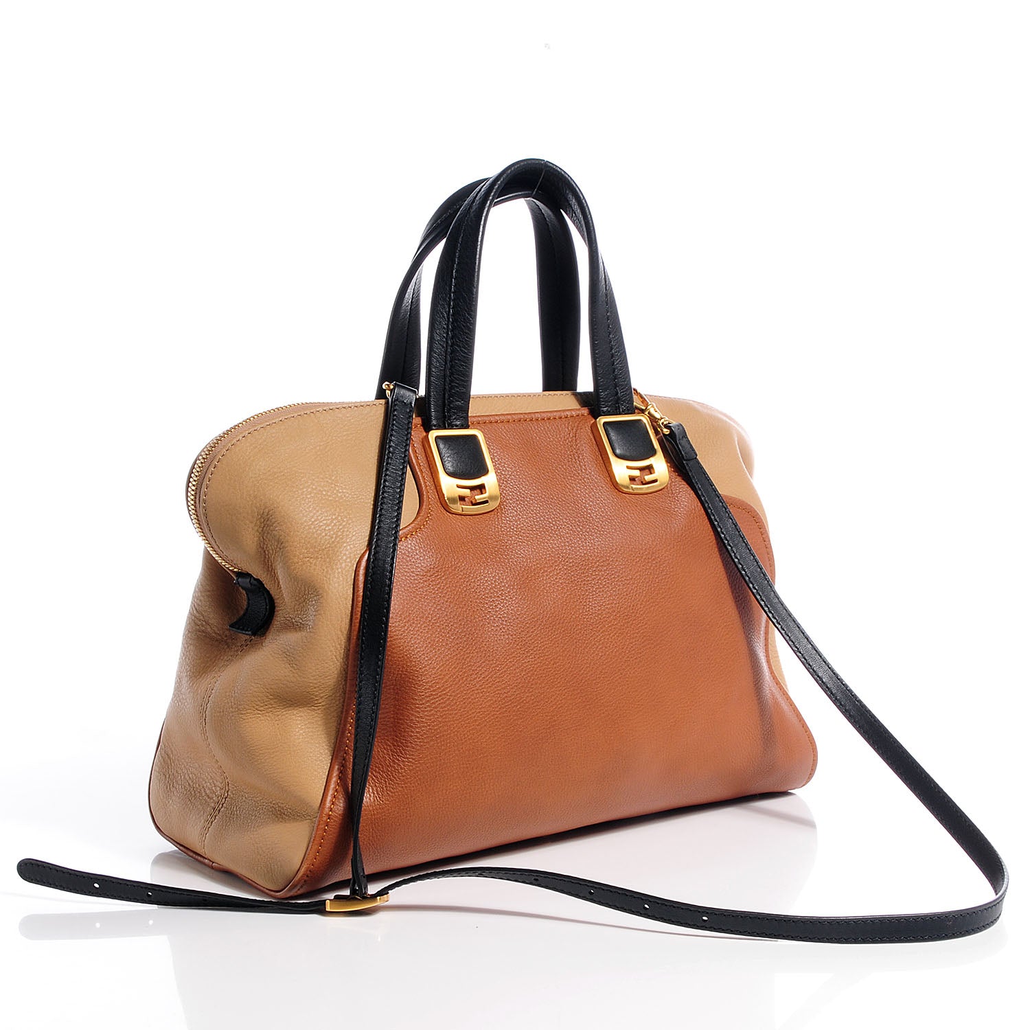 Fendi Calfskin Large Chameleon Tote Cognac Camel Black 3 of 9