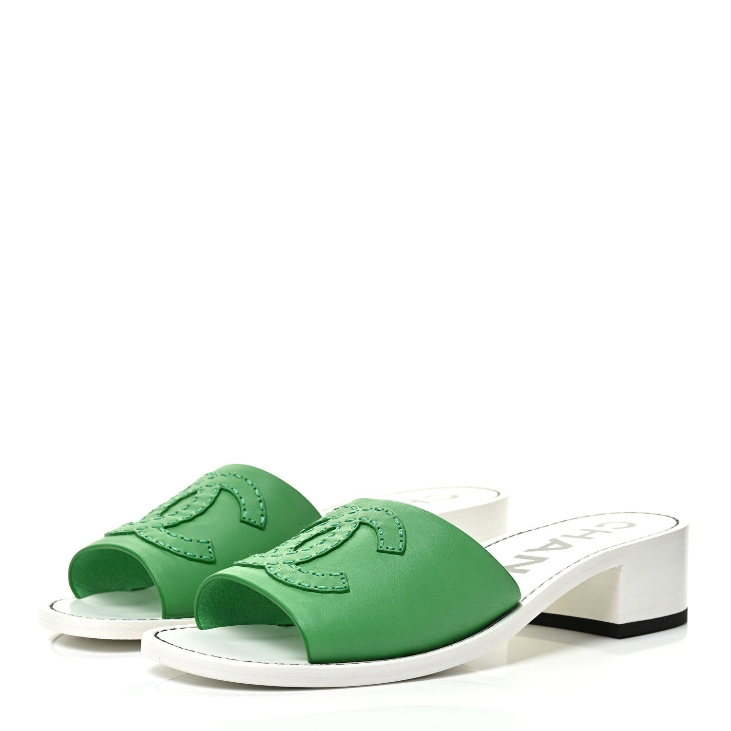 Chanel Lambskin CC Mules 37.5 White Green 3 of 12