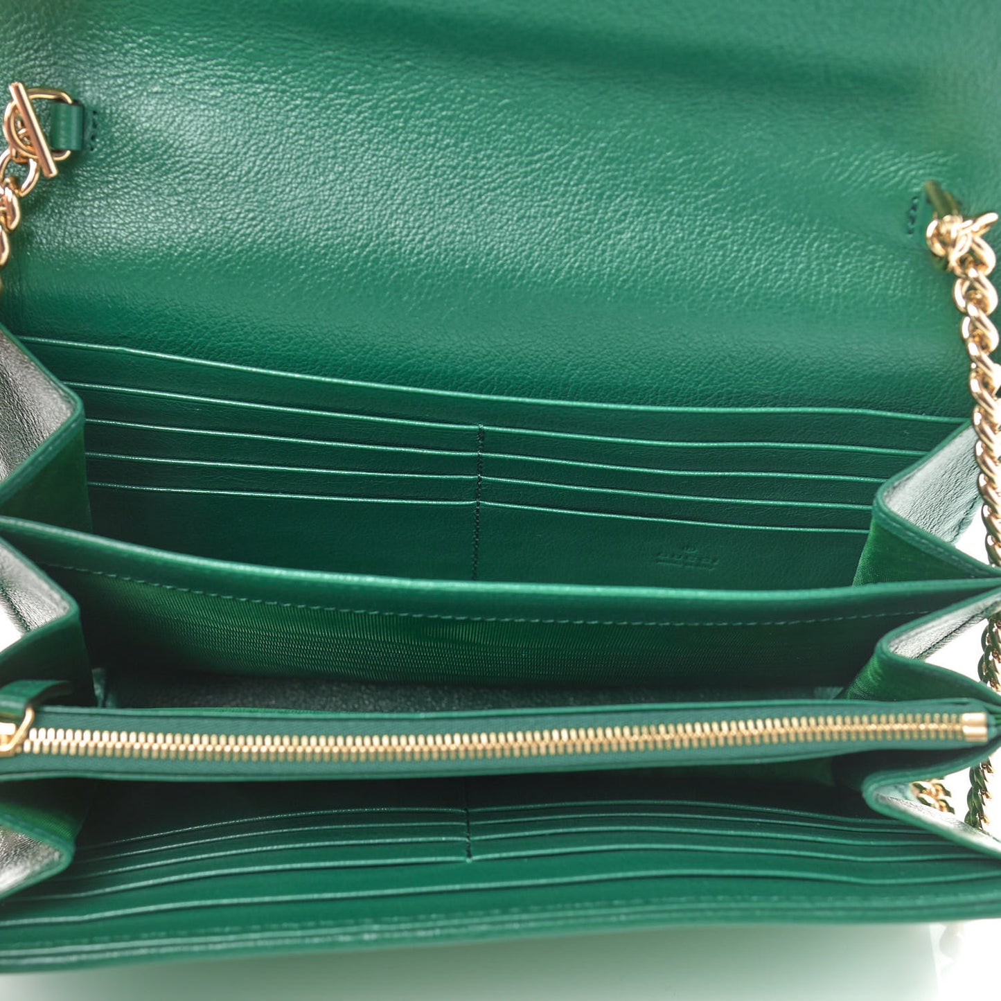 Azalea Calfskin Enamel Matelasse Diagonal Torchon GG Marmont Chain Wallet New Shamrock Emerald