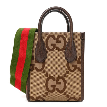 Gucci Monogram Jumbo GG Textured Dollar Calfskin Web Mini Vertical Tote Camel Ebony New Acero 1 of 9