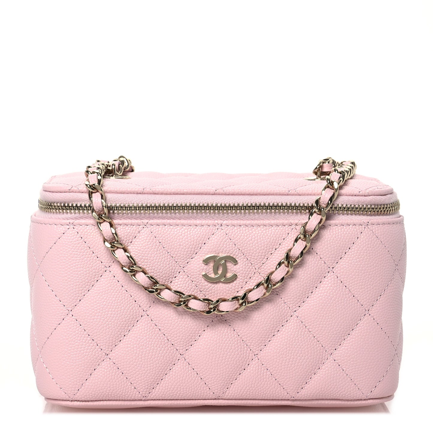 Caviar Quilted Small Vanity Case With Chain Light Pink