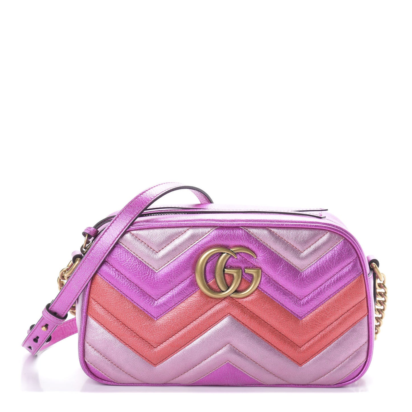 Laminated Nappa Matelasse Small GG Marmont Chain Shoulder Bag Fuxia Rosso Rosa