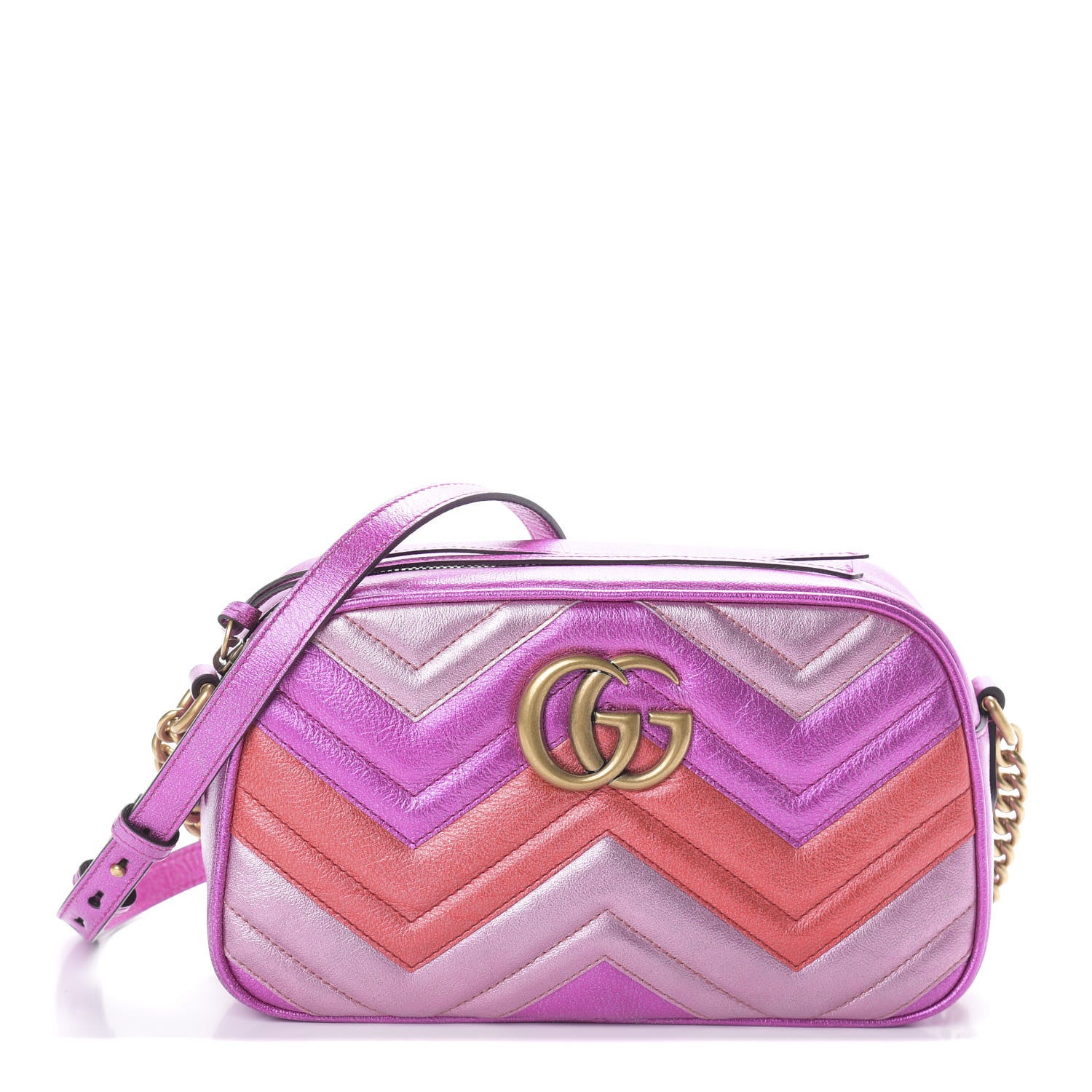 Gucci Laminated Nappa Matelasse Small GG Marmont Chain Shoulder Bag Fuxia Rosso Rosa 1 of 9