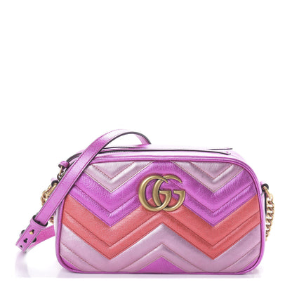 Gucci Laminated Nappa Matelasse Small GG Marmont Chain Shoulder Bag Fuxia Rosso Rosa 1 of 9