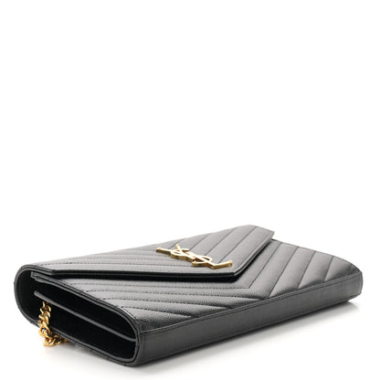 Saint Laurent Grain De Poudre Matelasse Chevron Monogram Chain Wallet Black 4 of 11