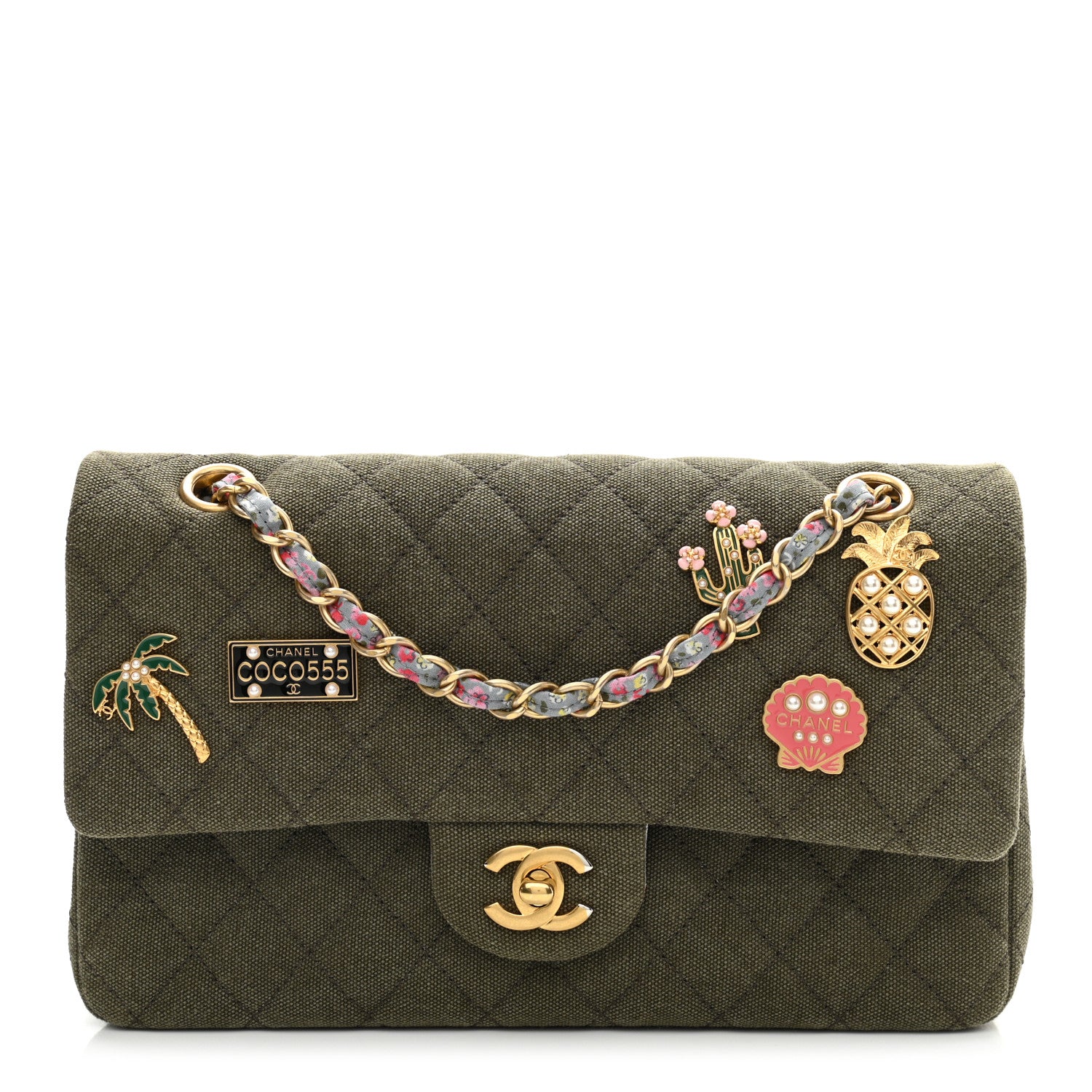 Chanel Toile Quilted Medium Cuba Double Flap Khaki 1 of 12