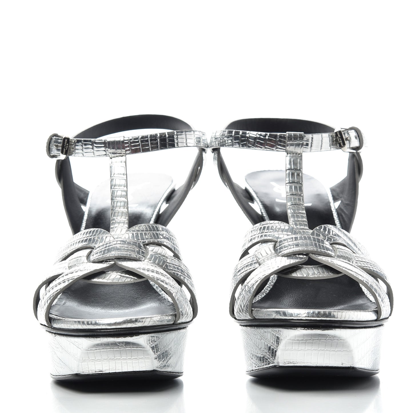 Metallic Calfskin Lizard Embossed Tribute 75 Platform Sandals 40 Silver