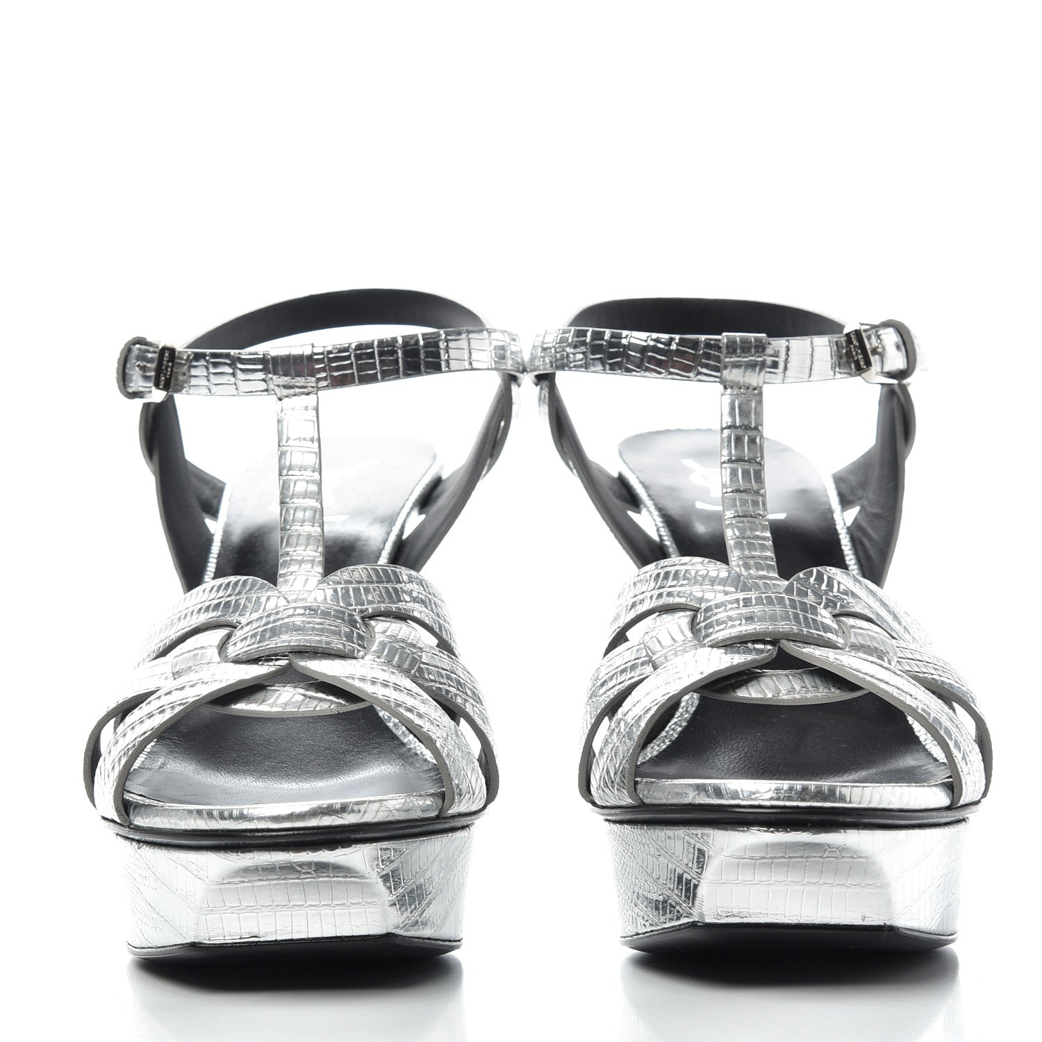 Saint Laurent Metallic Calfskin Lizard Embossed Tribute 75 Platform Sandals 40 Silver 2 of 10