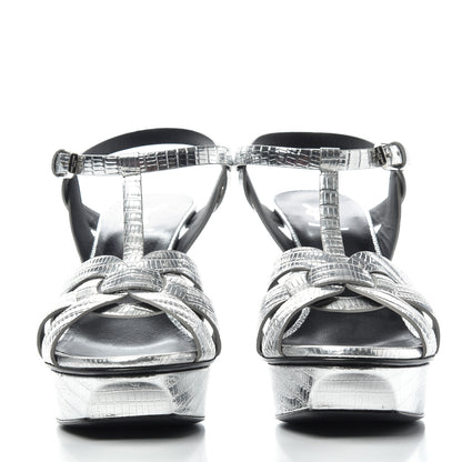 Saint Laurent Metallic Calfskin Lizard Embossed Tribute 75 Platform Sandals 40 Silver 2 of 10