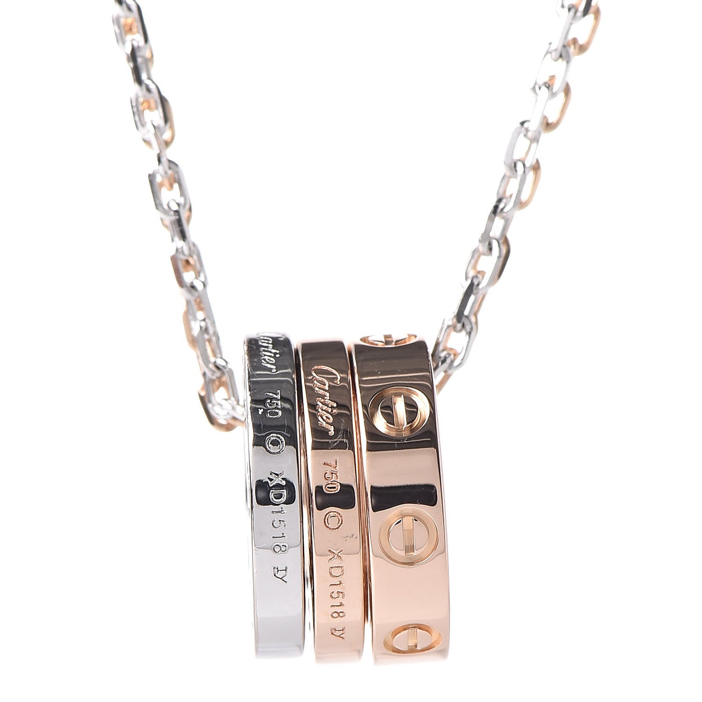 18K White Pink Gold Diamond Three Ring LOVE Pendant Necklace