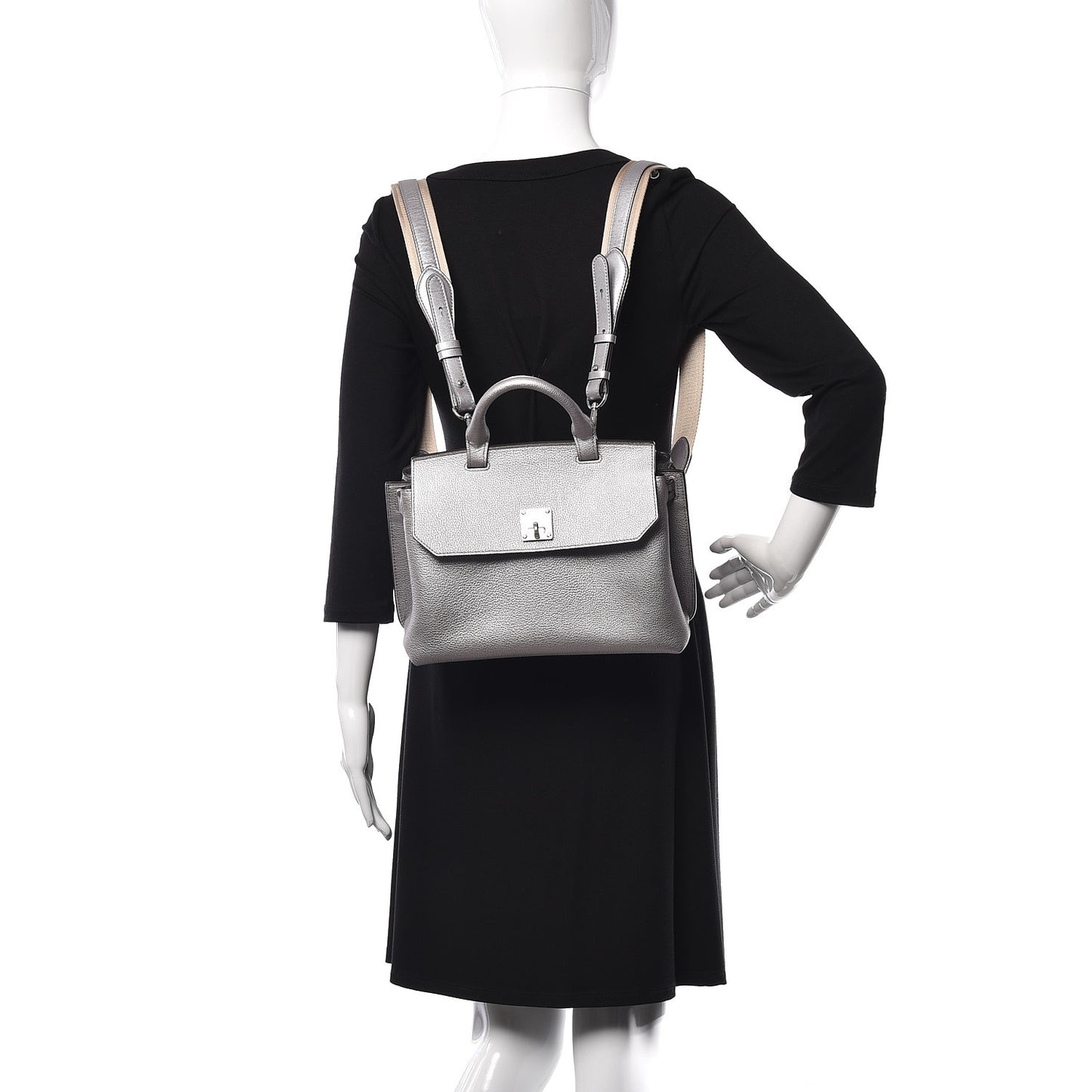 Metallic Grained Calfskin Medium Milla Convertible Backpack Spike Silver