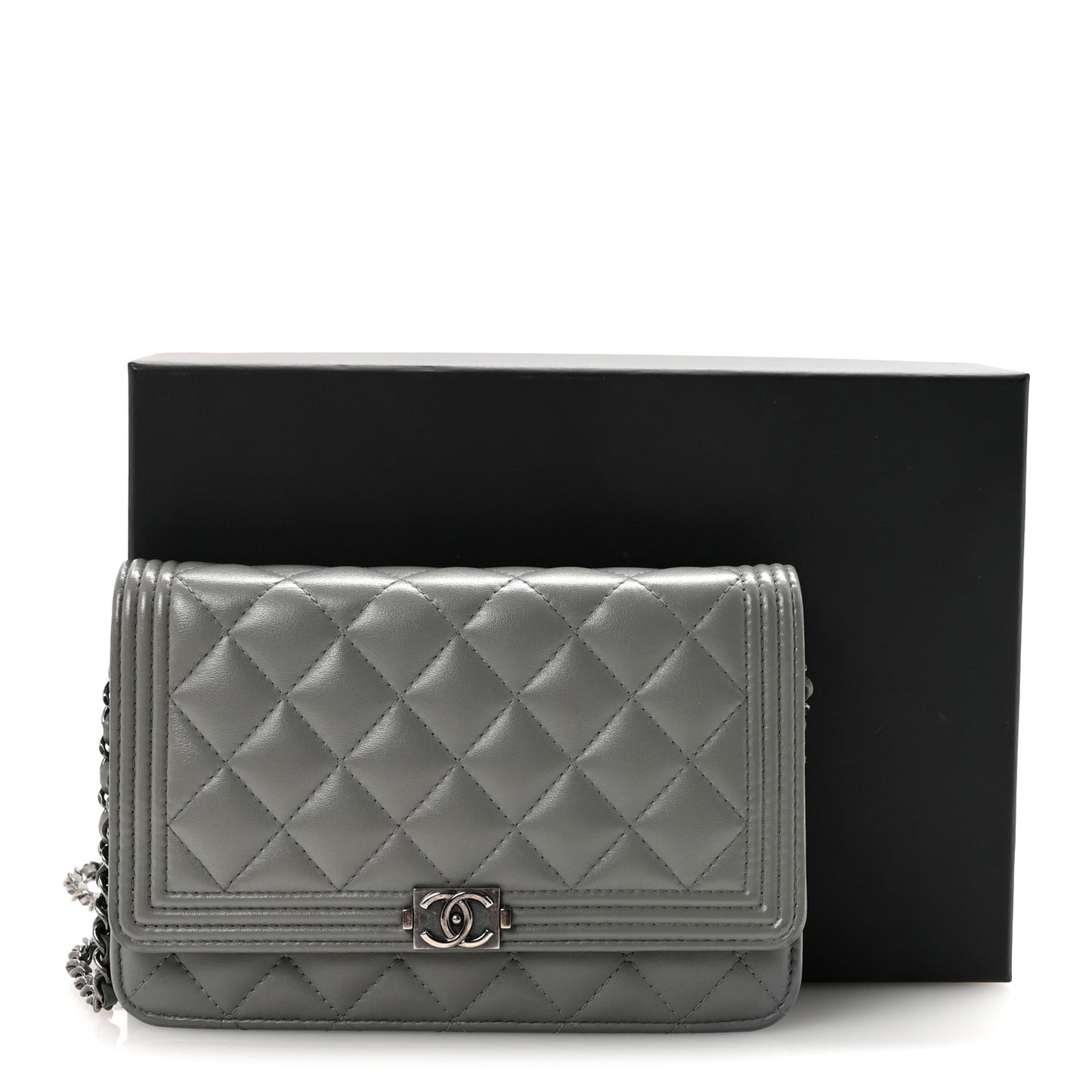 Lambskin Quilted Boy Wallet On Chain WOC Grey