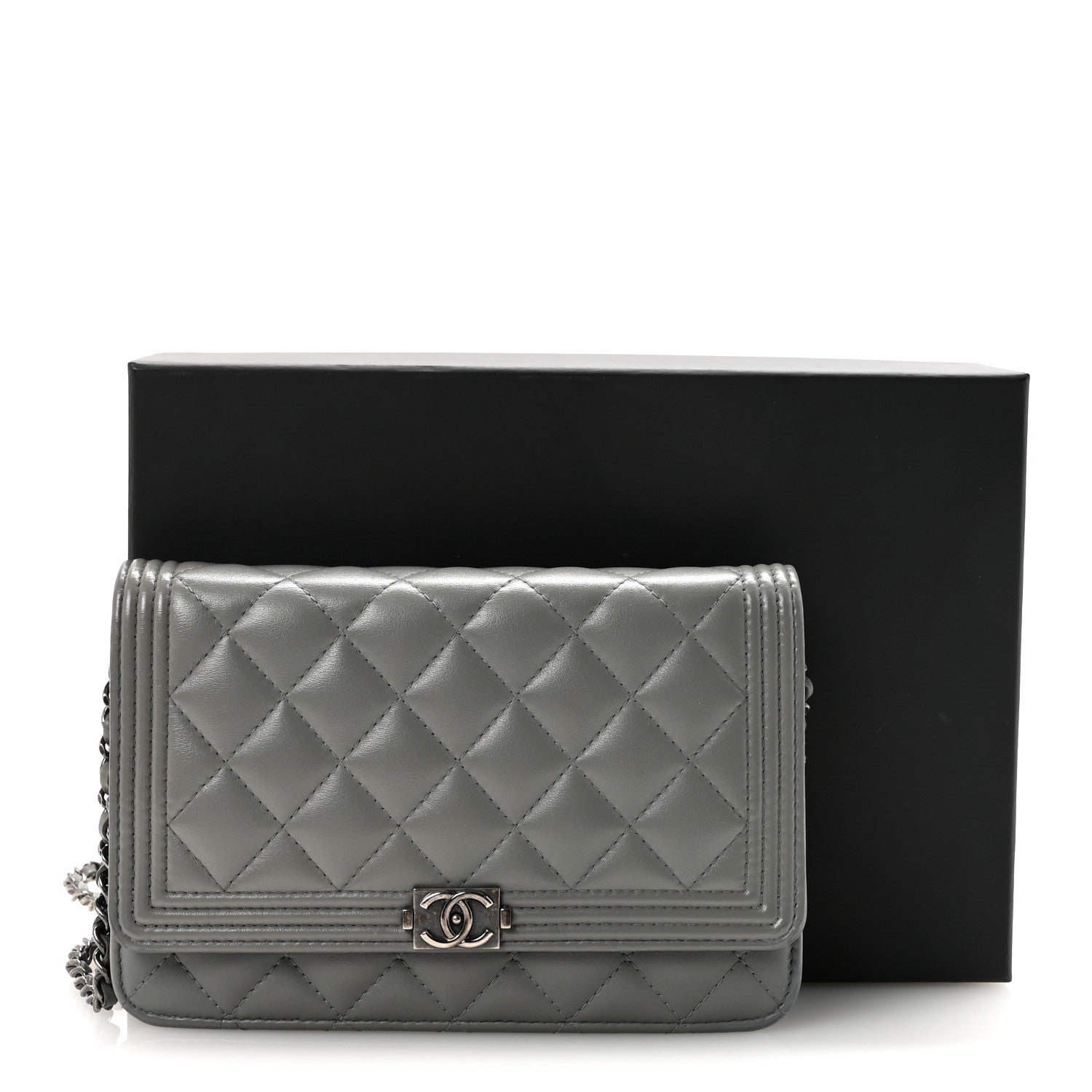 Chanel Lambskin Quilted Boy Wallet On Chain WOC Grey 12 of 12