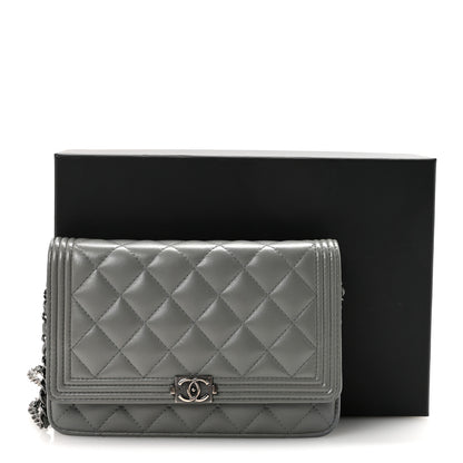 Chanel Lambskin Quilted Boy Wallet On Chain WOC Grey 12 of 12