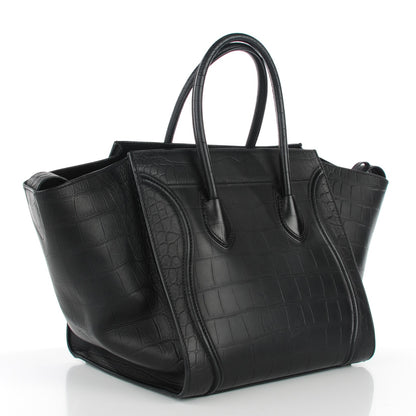 Celine Crocodile Embossed Calfskin Medium Phantom Luggage Black 3 of 7