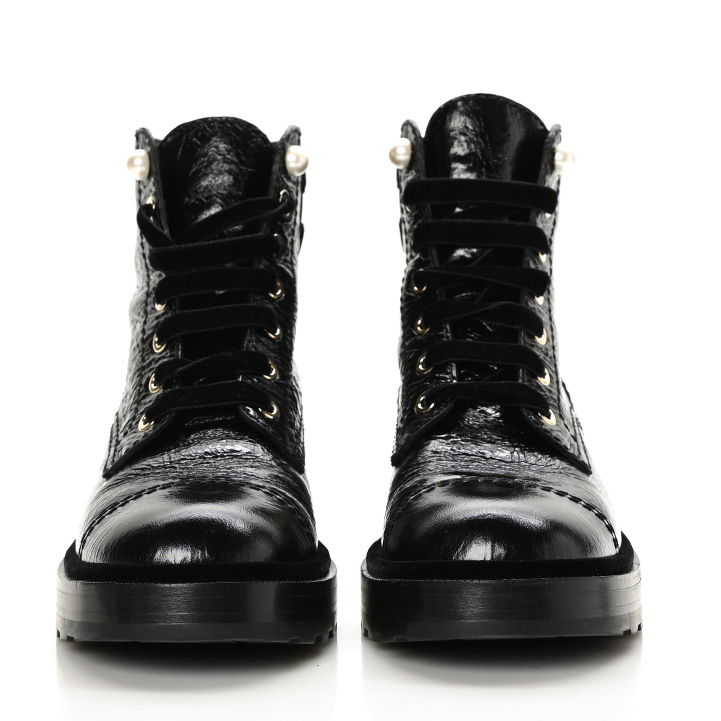 Shiny Calfskin Velvet Pearl Combat Short Boots 38 Black