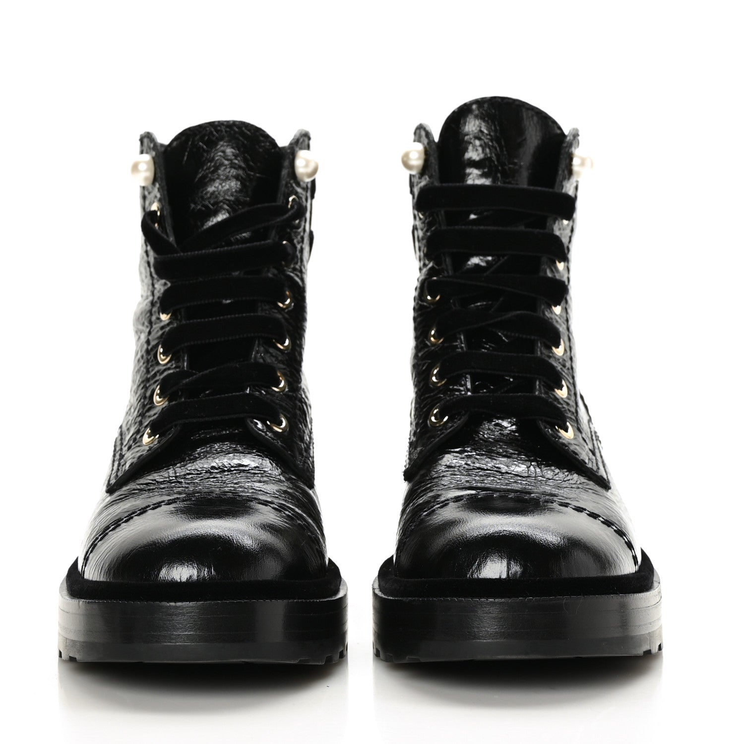Chanel Shiny Calfskin Velvet Pearl Combat Short Boots 38 Black 2 of 7