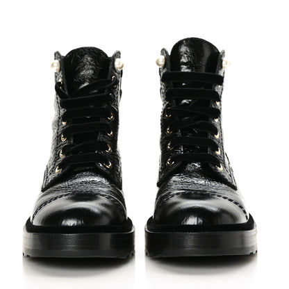 Chanel Shiny Calfskin Velvet Pearl Combat Short Boots 38 Black 2 of 7