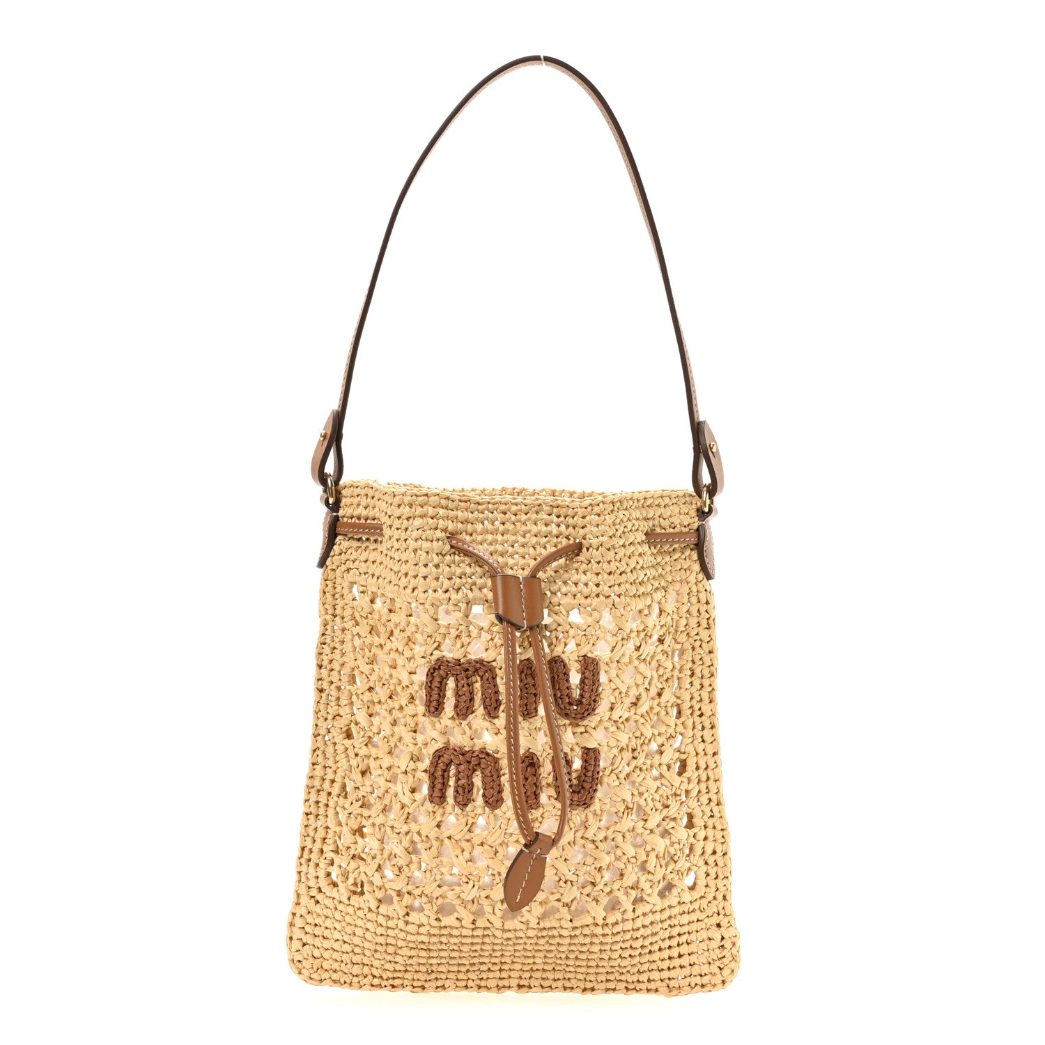 Miu Miu Raffia Crochet Drawstring Pouch Naturale Cognac 1 of 9