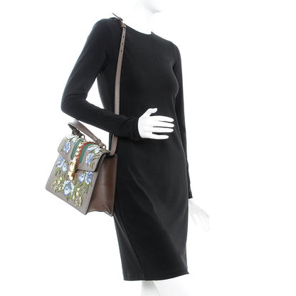 Gucci Calfskin Embroidered Medium Sylvie Top Handle Bag New Acero Multicolor 2 of 8