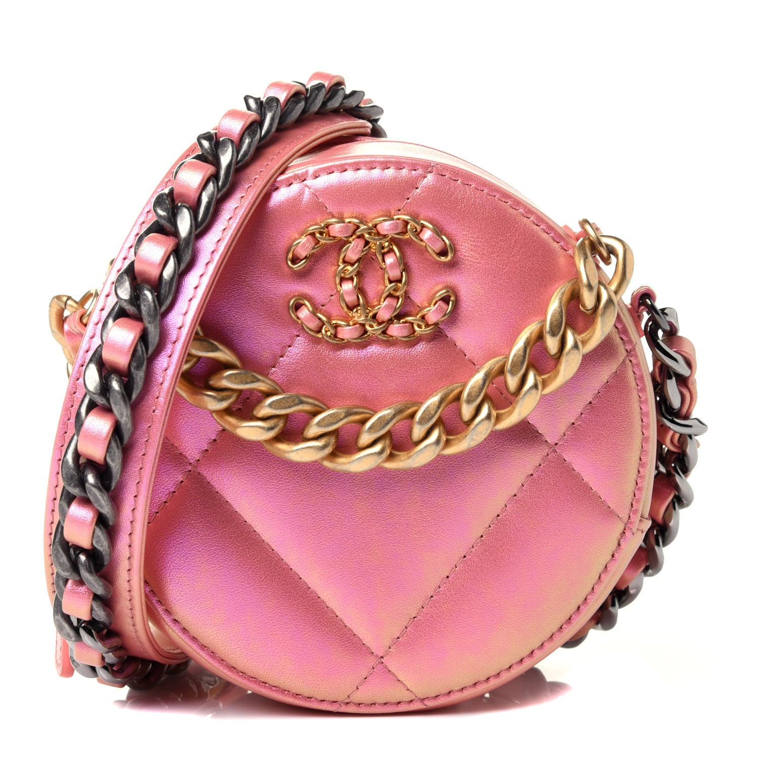Chanel Iridescent Calfskin Quilted Chanel 19 Round Clutch With Chain Pink 1 of 4