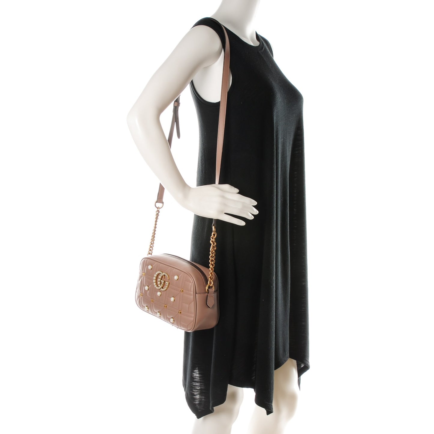 Calfskin Matelasse Studded Small Pearly GG Marmont Chain Shoulder Bag Porcelain Rose