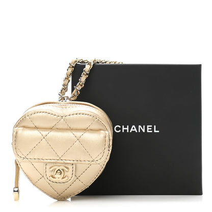Chanel Metallic Lambskin Quilted CC In Love Heart Coin Purse With Chain Gold 10 of 10