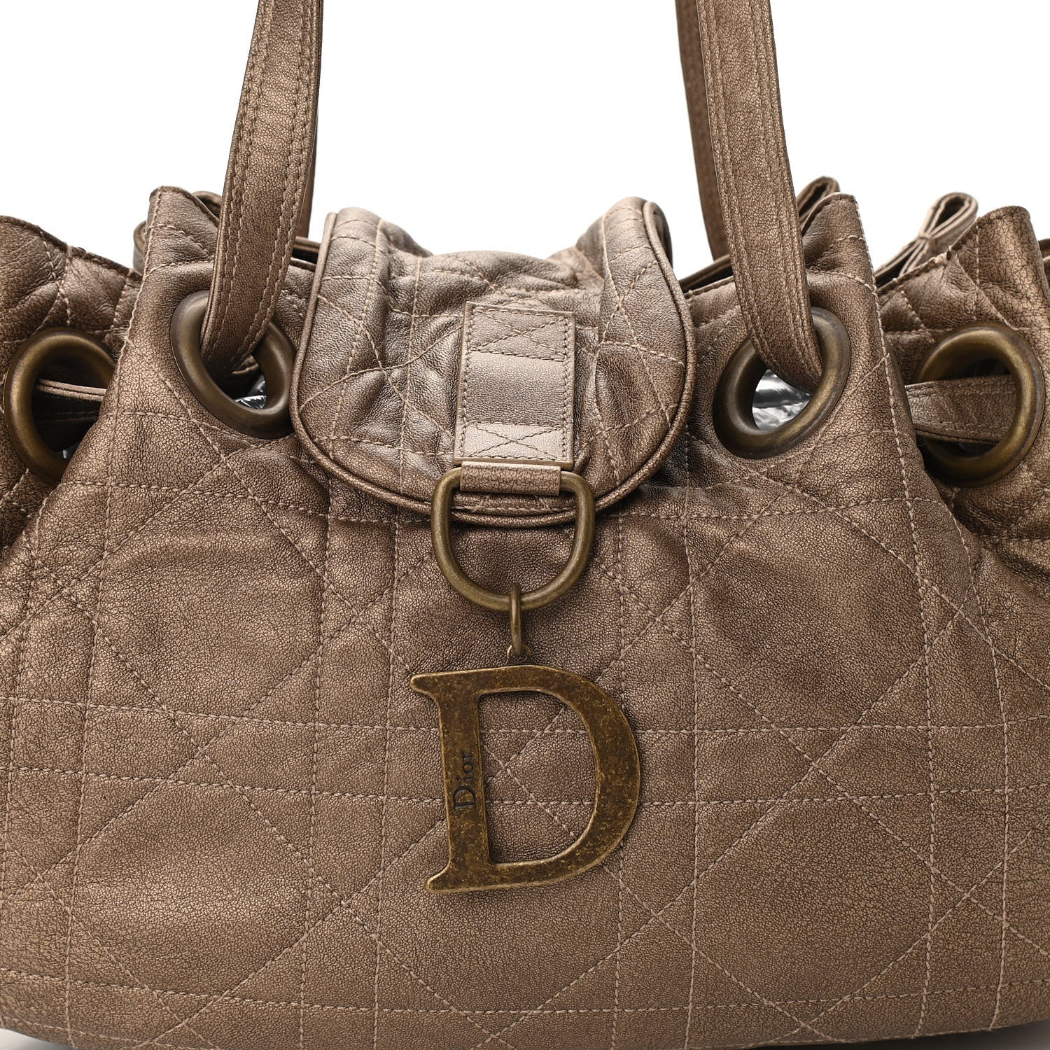Christian Dior Metallic Lambskin Drawstring Cannage Flap Bag Bronze 8 of 10