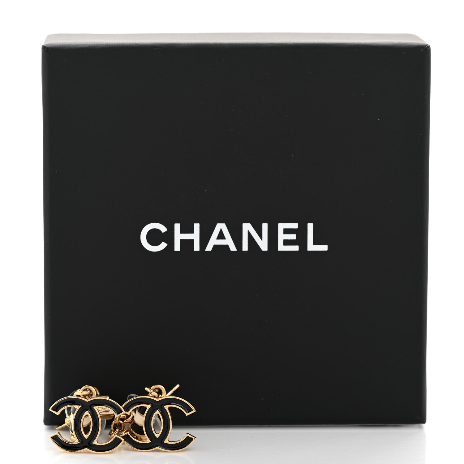 Chanel Metal Enamel CC Square Drop Earrings Black Gold White 5 of 5