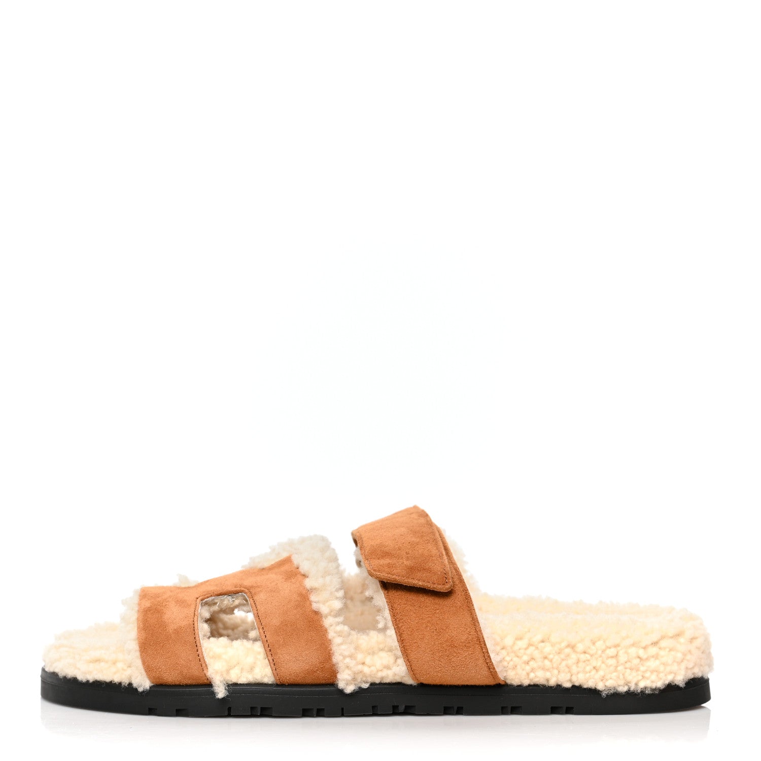Hermes Suede Goatskin Woolskin Womens Chypre Sandals 38 Golden Beige 1 of 8