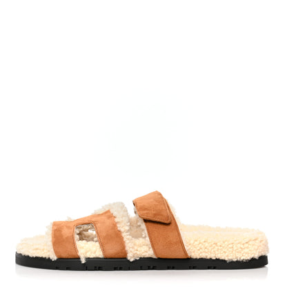Hermes Suede Goatskin Woolskin Womens Chypre Sandals 38 Golden Beige 1 of 8