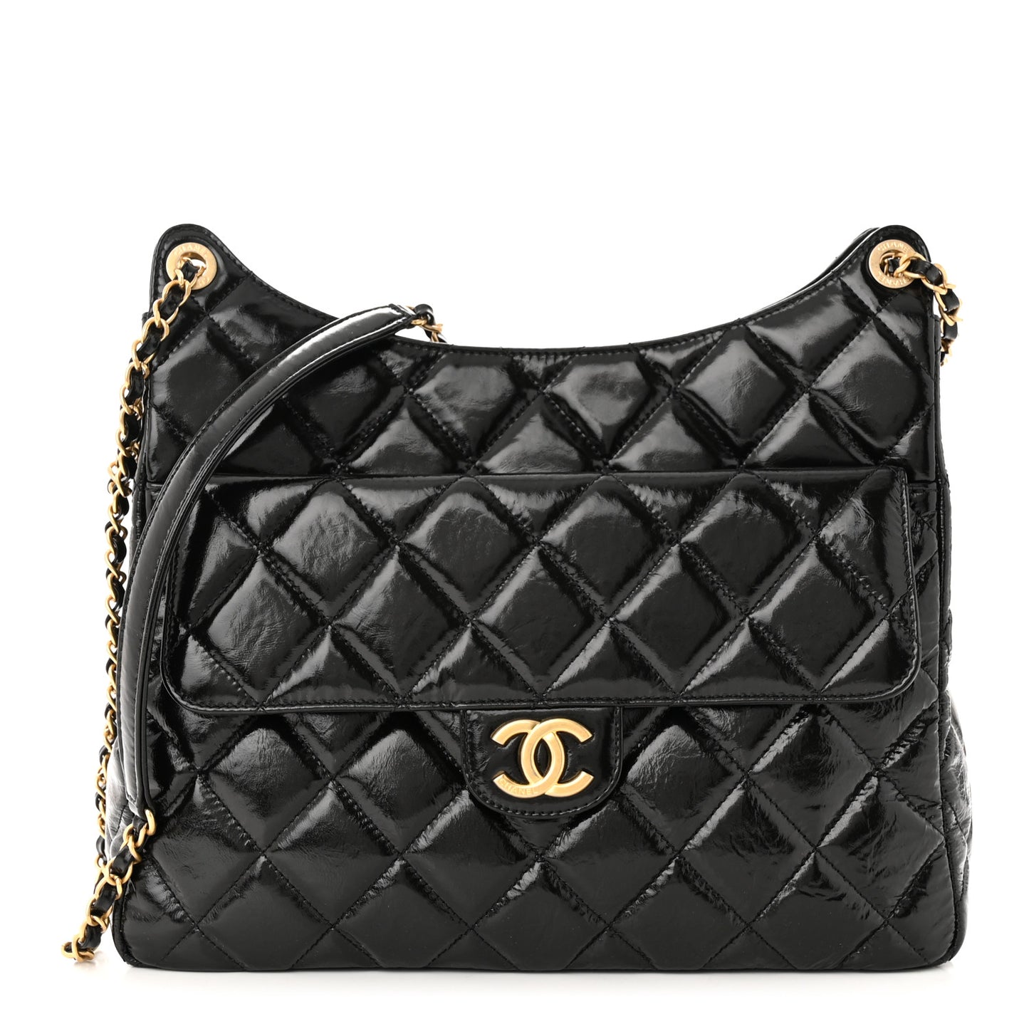 Shiny Crumpled Calfskin Quilted Large Wavy CC Hobo Black