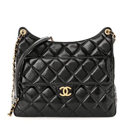 Chanel Shiny Crumpled Calfskin Quilted Large Wavy CC Hobo Black 1 of 10