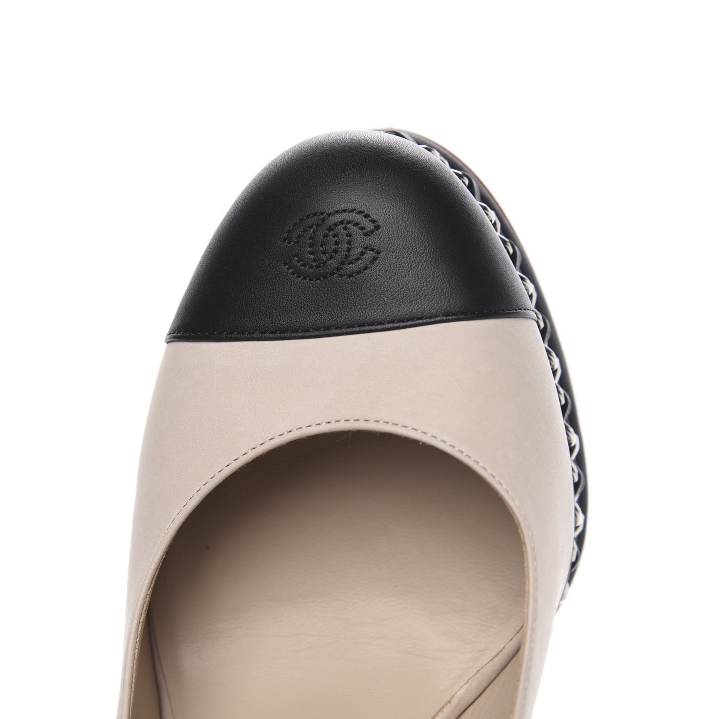 Calfskin CC Cap Toe Platform Chain Pumps 37 Beige Black