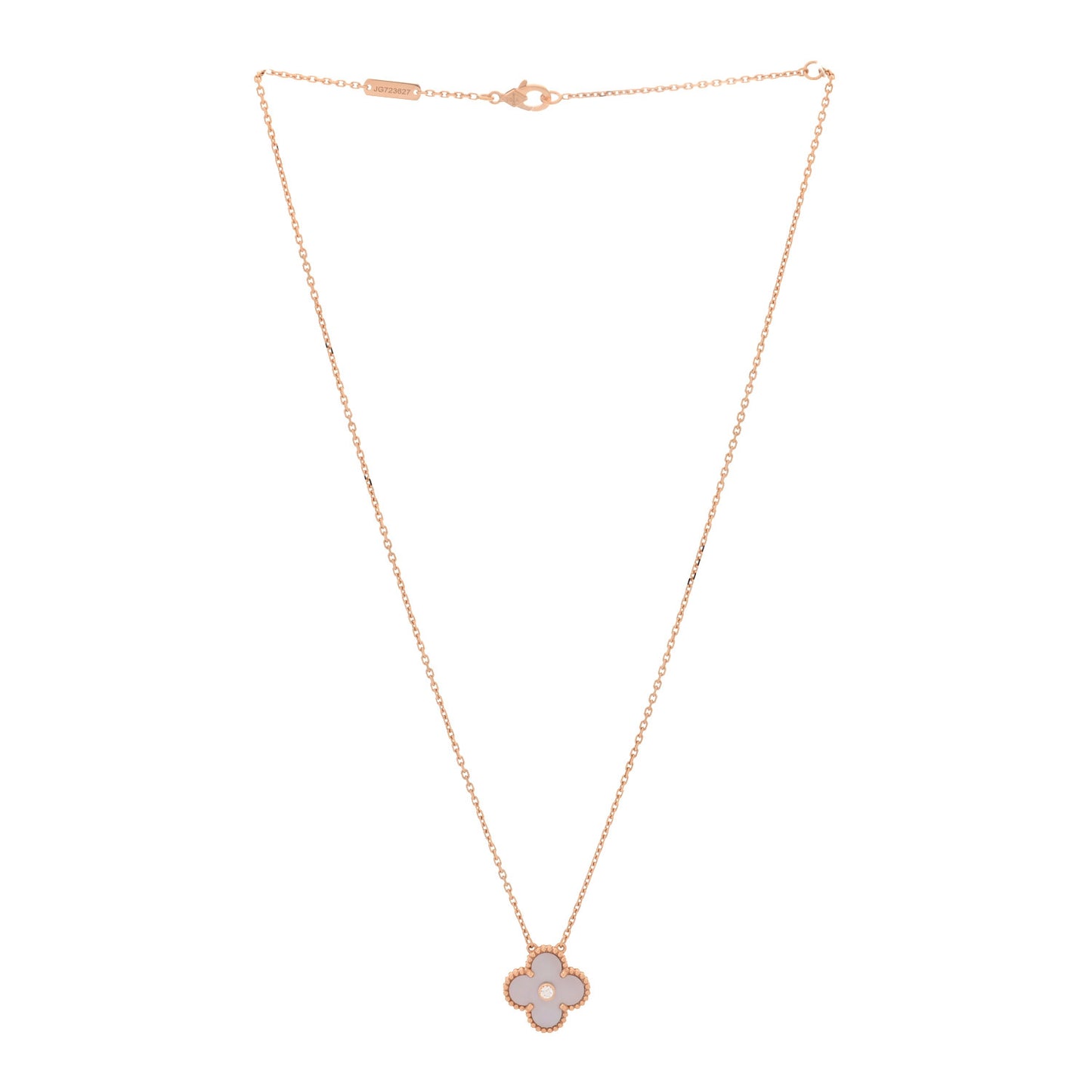 18K Rose Gold Diamond Pink Mother of Pearl Vintage Alhambra Pendant Necklace