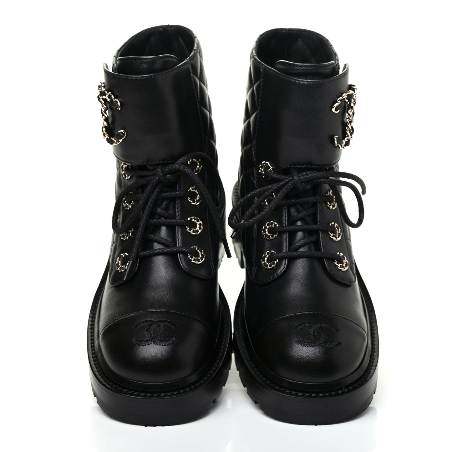 Shiny Lambskin Quilted Lace Up Combat Boots 36.5 Black