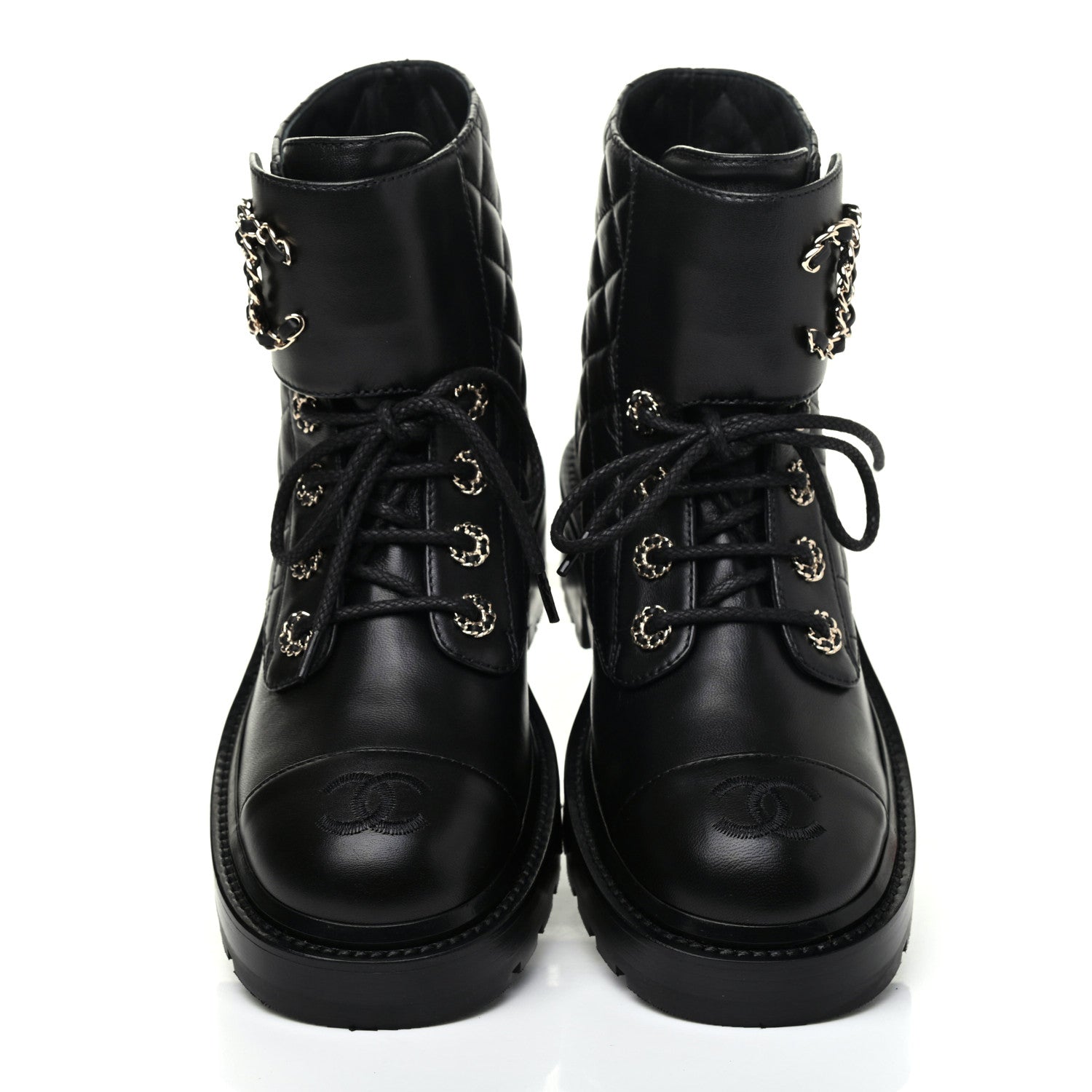Chanel Shiny Lambskin Quilted Lace Up Combat Boots 36.5 Black 5 of 13