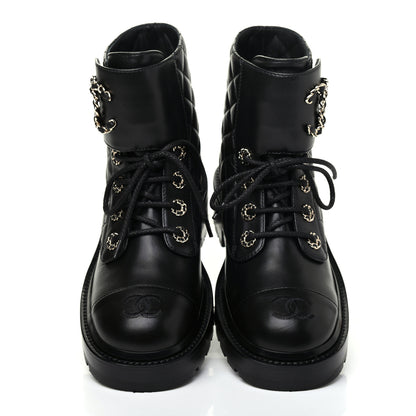 Chanel Shiny Lambskin Quilted Lace Up Combat Boots 36.5 Black 5 of 13