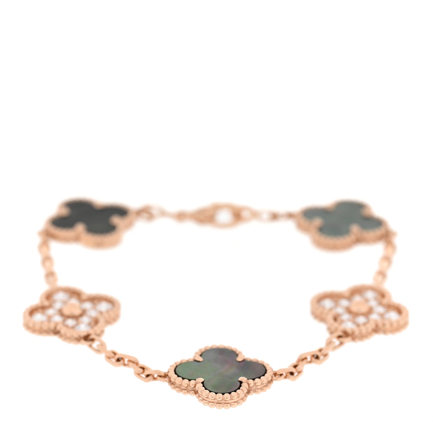18K Rose Gold Diamond Gray Mother of Pearl 5 Motifs Vintage Alhambra Bracelet
