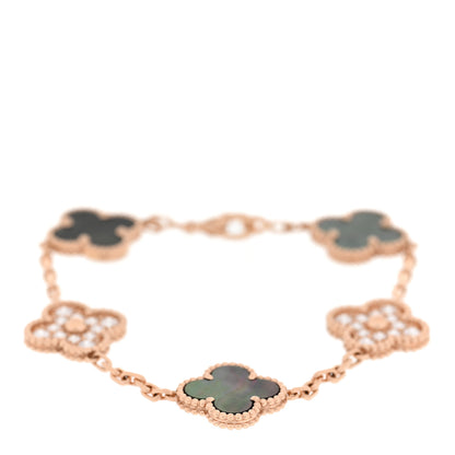 Van Cleef & Arpels 18K Rose Gold Diamond Gray Mother of Pearl 5 Motifs Vintage Alhambra Bracelet 1 of 6